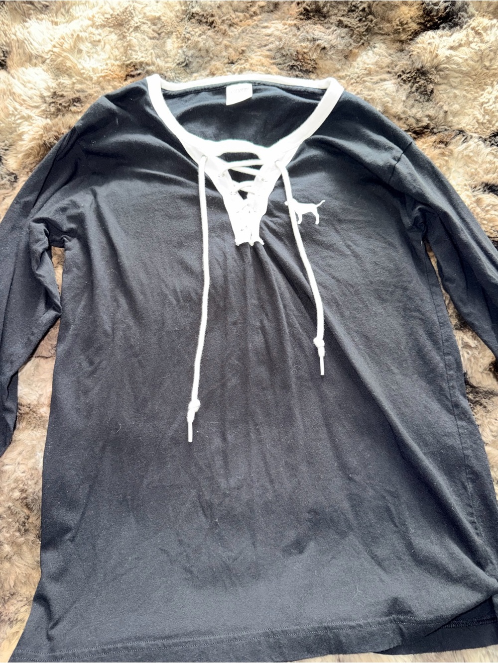 PINK Victoria's Secret Black Long Sleeve Lace-Up Tee with White Trim